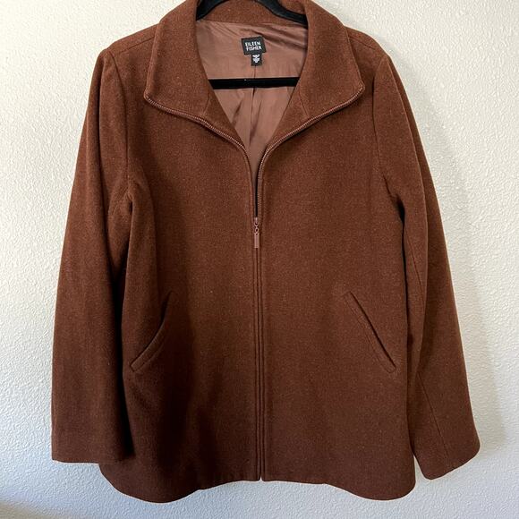 Eileen Fisher Brown Wool Zip Front Quality Jacket Coat Pockets Womens Medium - Picture 1 of 7